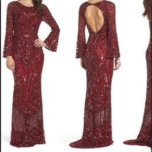 Mac Duggal Burgundy Sequin Bell Sleeve Gown